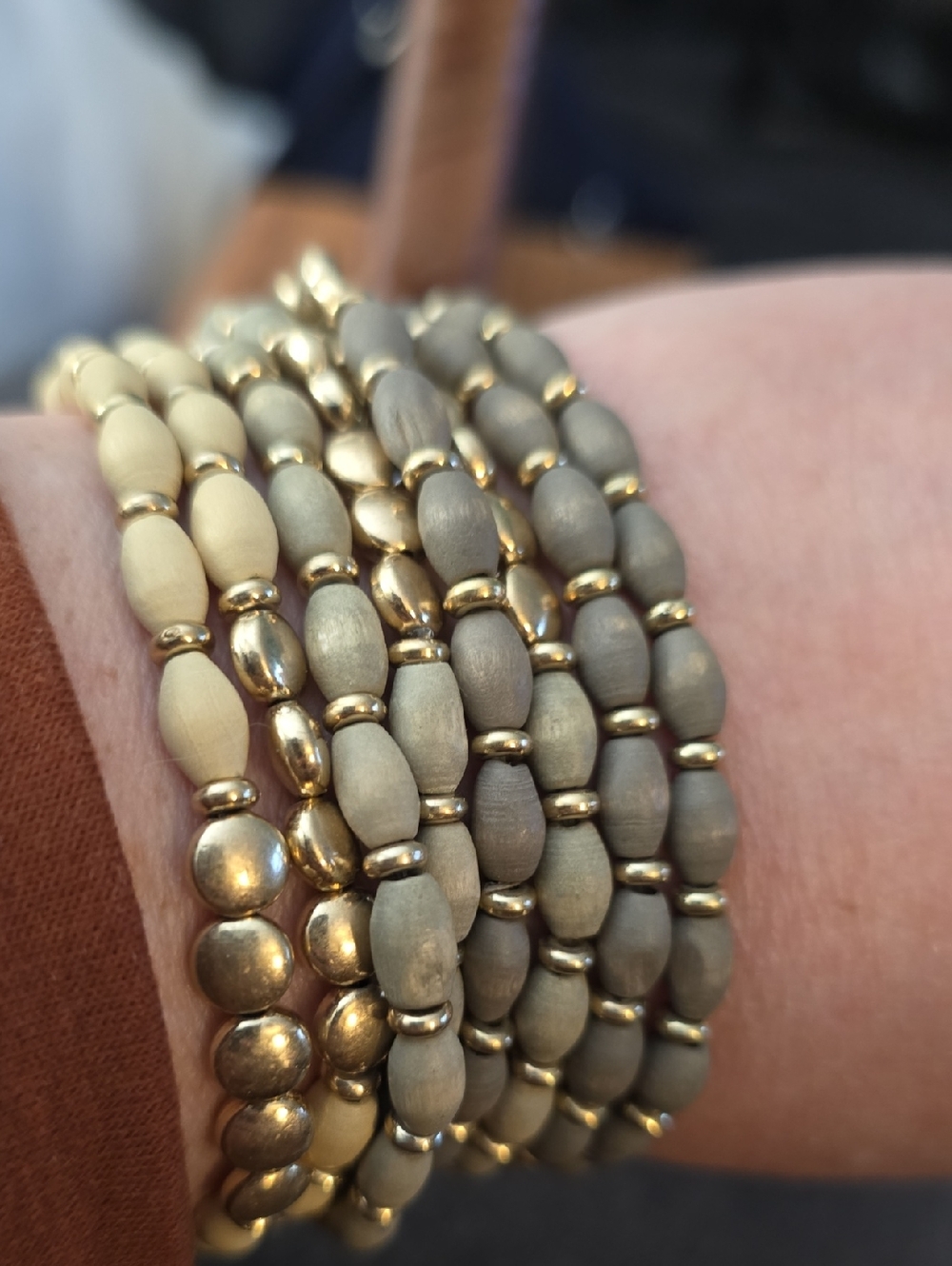 8 Gold, Green and Taupe Beaded Stretch Bracelet Stack - Women Jewelry